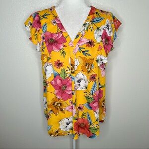 DR2 By Daniel Rainn Womens Yellow Floral V-Neck Top Ruffled Sleeve Size S EUC